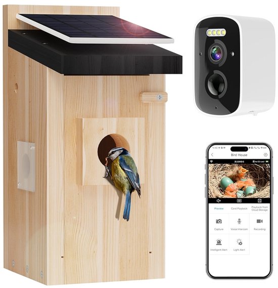 Vogelhuisje met Camera Wifi Draadloos Inclusief Zonnepaneel - AI Vogelherkenning en Audio - Hout
