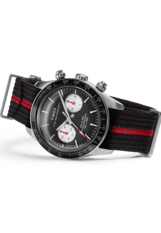 Timex Waterbury Heritage Chronograph Quartz Chronographe Montre Noire Boîtier : 100% Acier Inoxydable | Bracelet 100% Textile 39 mm TW2Y38900AJ, TW2Y39000AJ