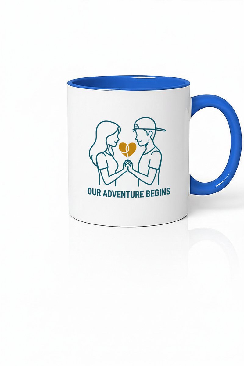 Romantische Mok 'Our Adventure Begins' - Koppel Cadeau - Liefde & Verloving - Wit met Blauw