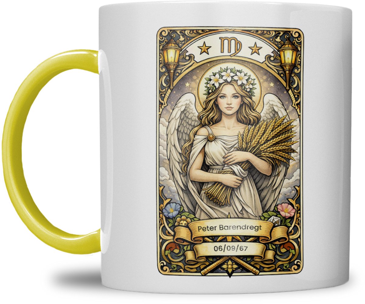 Sterrenbeeld mok - Maagd - Geel - Tarot mok - Gepersonaliseerd met naam en datum