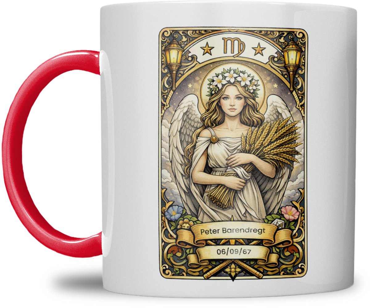 Sterrenbeeld mok - Maagd - Rood - Tarot mok - Gepersonaliseerd met naam en datum