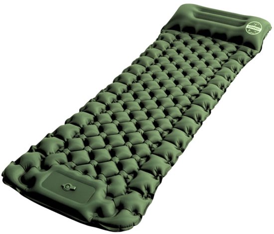 Groene slaapmat met ingebouwd hoofdkussen en 3D diamantpatroon, op witte achtergrond.