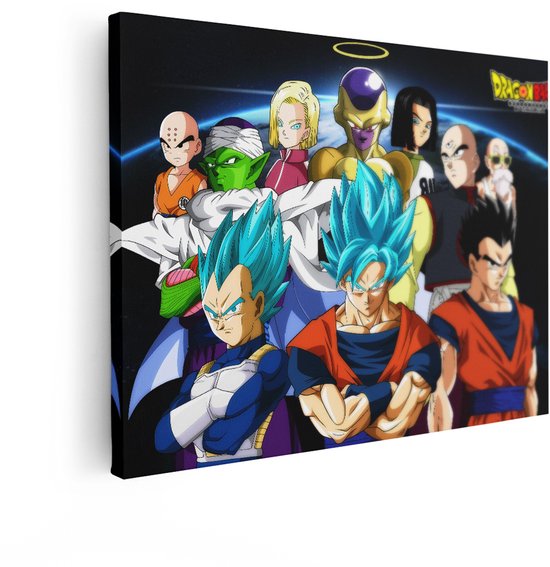 Canvas met Dragon Ball Z-personages: Goku, Vegeta, Frieza, Piccolo, Android 18, Krillin, etc.