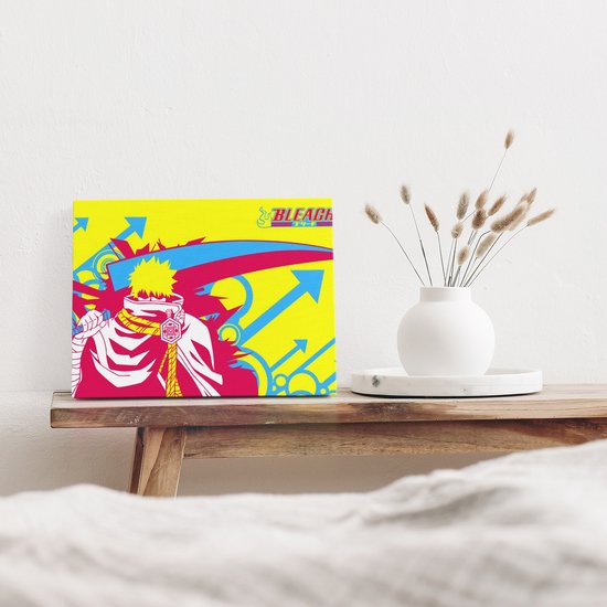 Gekleurd canvas met anime figuur, het logo van Bleach en pijlen.