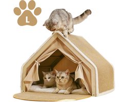 Cats&Co® Katten Krabtent L 50x40x40CM – Luxe Kattenmand voor Binnen – Geschikt voor Meerdere Katten – Met Krabmat & Kussen – Beige