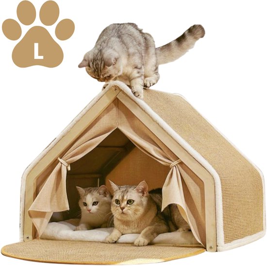 Cats&Co® Katten Krabtent L 50x40x40CM – Luxe Kattenmand voor Binnen – Geschikt voor Meerdere Katten – Met Krabmat & Kussen – Beige