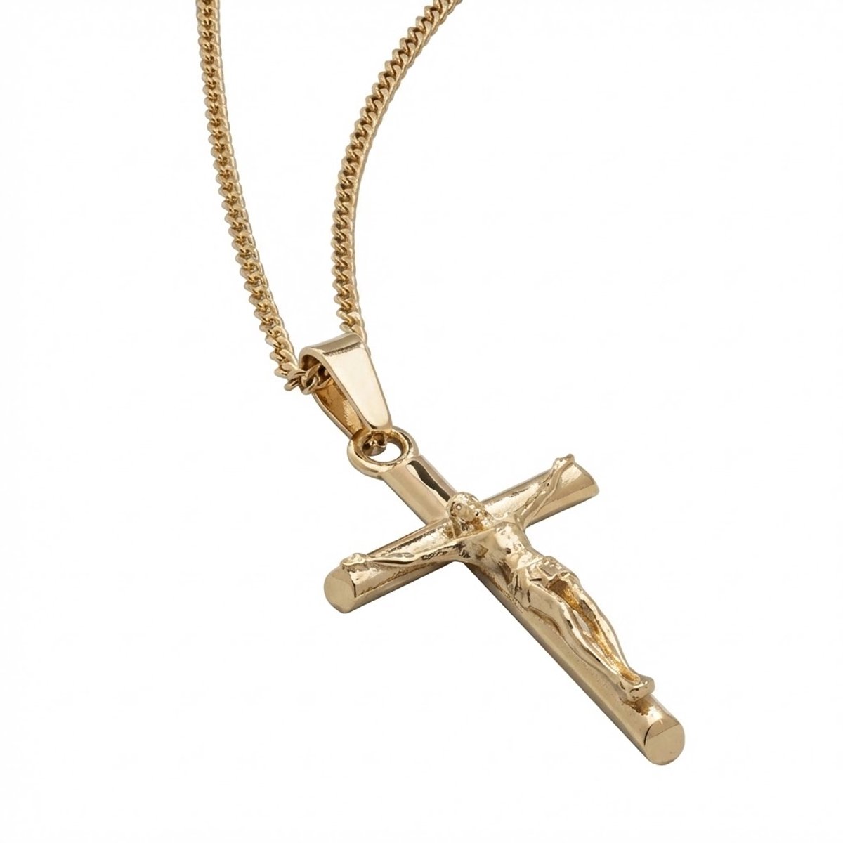 Thomasiny - Luce Divina Goud - Herenketting - Cuban Chain 55 cm - Kruis met Jezus Hanger - Goudkleurig Roestvrij Staal