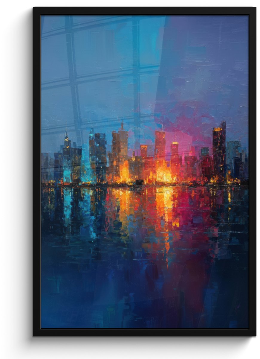 FrameYourWall Poster in lijst - Fotolijst 60x90 cm - Posters - Skyline - Penseelstreken - Donkerblauw - Lichtgevend - Posterlijst zwart - Decoratie - Wanddecoratie woonkamer - Muurdecoratie slaapkamer