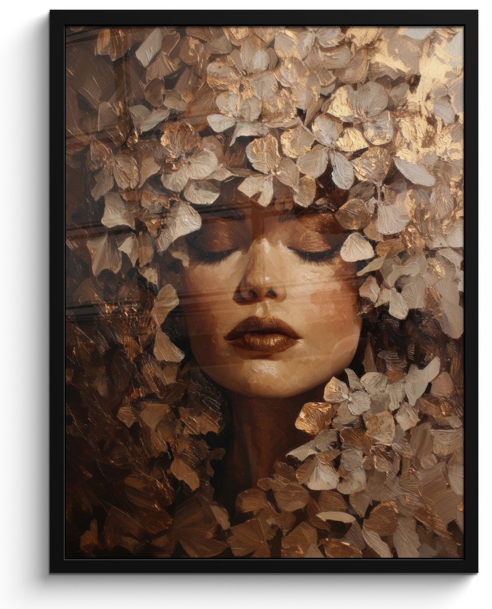 FrameYourWall Poster in lijst - Fotolijst 60x80 cm - Posters - Gezicht - Vrouwe - Bladeren - Penseelstreken - Posterlijst zwart - Decoratie - Wanddecoratie woonkamer - Muurdecoratie slaapkamer Gezicht - Vrouw - Bladeren