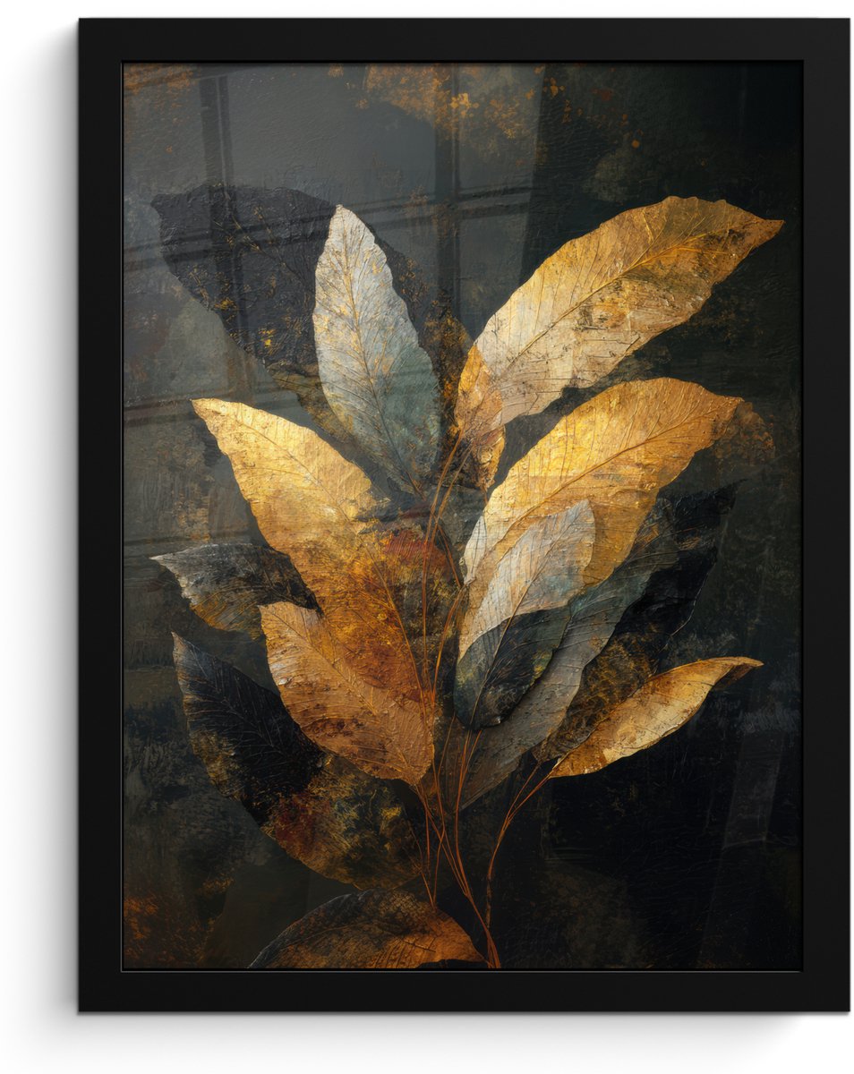 FrameYourWall Poster in lijst - Fotolijst 30x40 cm - Posters - Gouden Bladcompositie – Botanische Luxe - Posterlijst zwart - Decoratie - Wanddecoratie woonkamer - Muurdecoratie slaapkamer Bladeren - Goud - Luxe