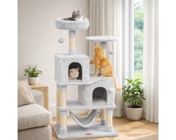 BOTC Krabpaal XXL - 140cm hoge Kattentoren voor binnenkatten - Kattenhuis met krabpalen - Hangmat - Pluche zitplaats - Lichtgrijs