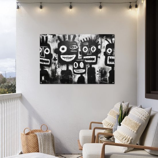 Tuinposter 120x80 cm - Tuindecoratie Schilderij - Figuren - Zwart - Abstract - Poster voor in de tuin - Buiten decoratie - Schutting tuinschilderij - Tuindoek muurdecoratie - Wanddecoratie balkondoek