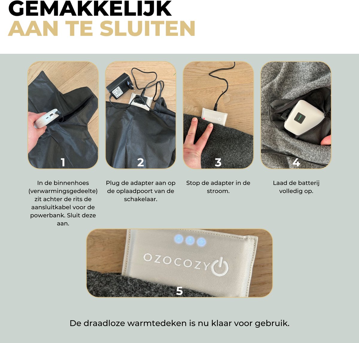 Ozocozy Warmtedeken - 138 x 45 cm - Grijs - Inclusief 10.000 mAh Powerbank - Duurzaam & Draadloos - Infrarood Warmtedeken - Verwarmd Stoelkleed - Inclusief Stroomadapter – foto 4