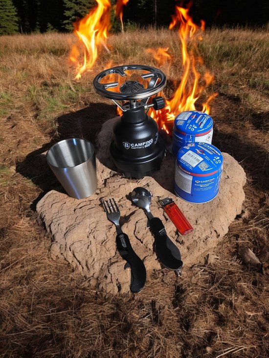 Camping Gasstel met 2 Patronen + Lepel/Vork Bestekset aansteker - Klaar voor gebruik van Camping — afbeelding 4