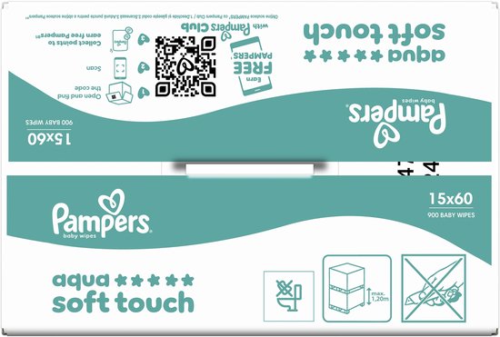 Pampers Aqua Soft Touch Babydoekjes, 15 Verpakkingen Van 60 Doekjes = 900 Doekjes