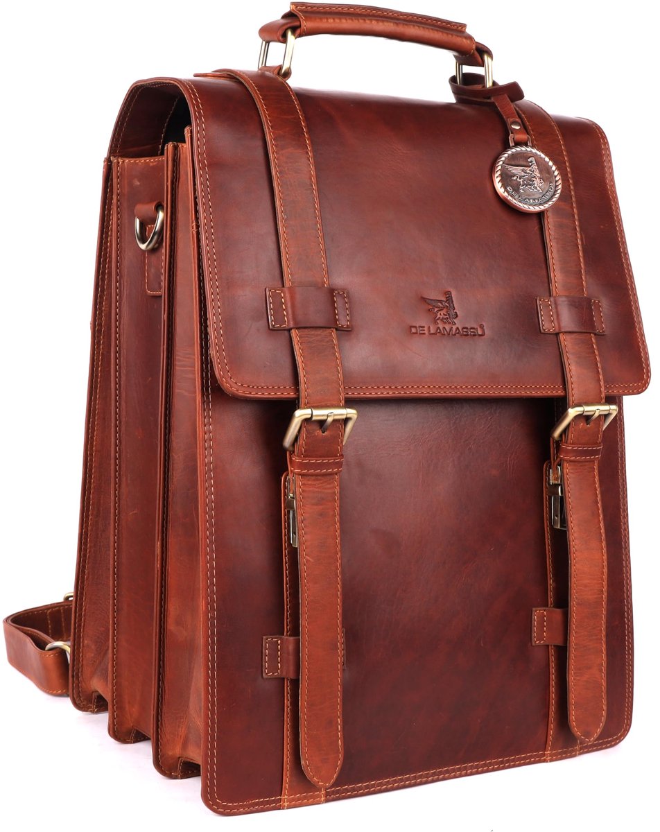 DE LAMASSU® (Adrian) leren tot 17inch laptoptas – 2-in-1 rugzak & schoudertas Donker Cognac