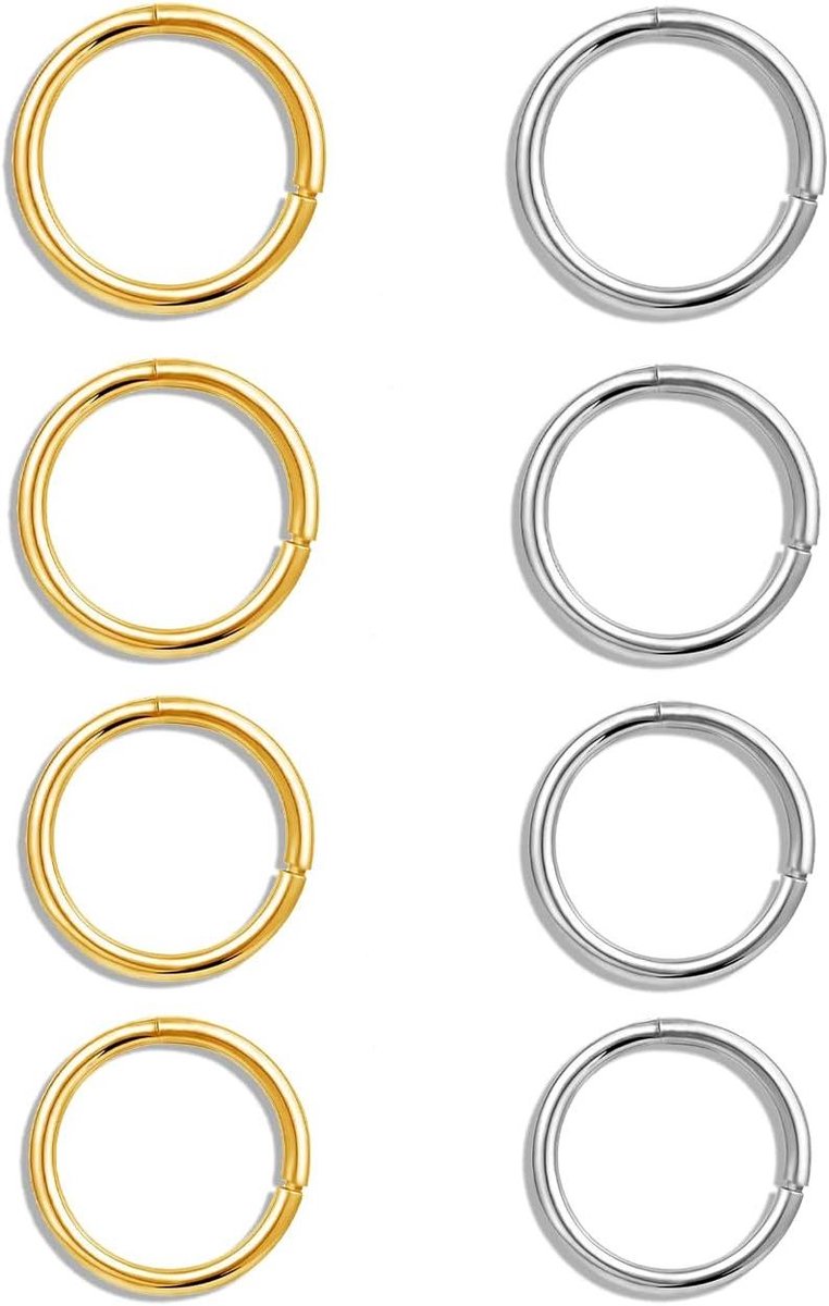 8-delige set roestvrij stalen neusringen en piercings voor universeel lichaamsgebruik met diverse maten.