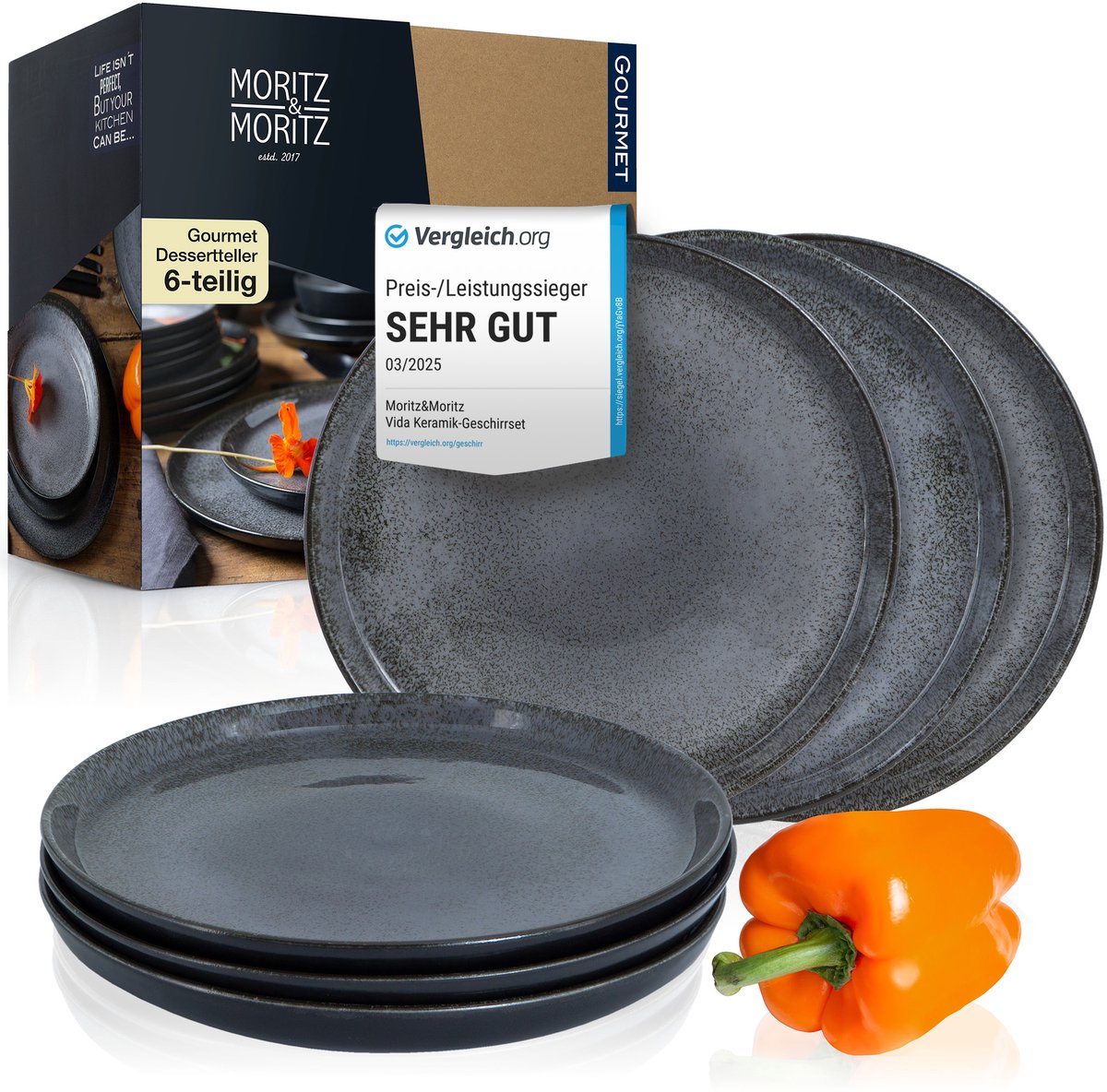 Moritz & Moritz VIDA 6-delige Dessertborden Set - Antraciet Porselein Borden voor 6 Persoons 20cm