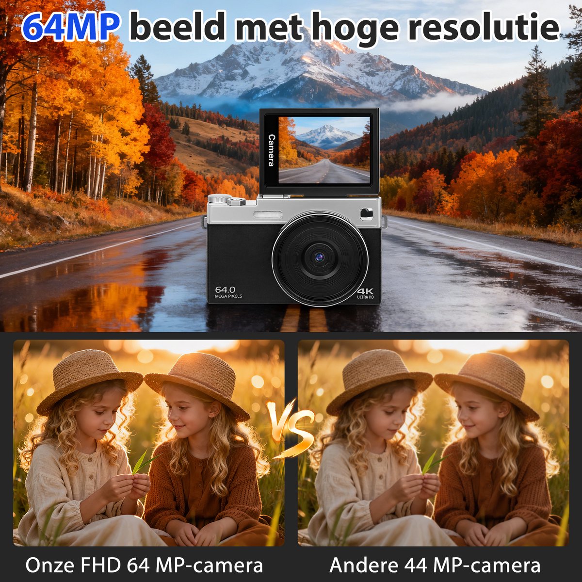 Digitale Camera 4K 64MP met 3 Inch 180° Kantelbaar IPS Scherm – 16x Digitale Zoom, Autofocus, Webcamfunctie via USB, Compacte Vlogcamera met 2×1000mAh Batterijen en 32GB Geheugenkaart voor Beginners, Kinderen en Tieners thumbnail 3