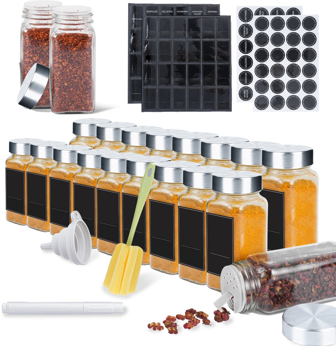 Froadp Set van 24 Vierkante Kruidenpotjes (120ml) - Glazen Gewürzdosen met RVS Deksel, Etiketten, Marker, Trichter en Borstel