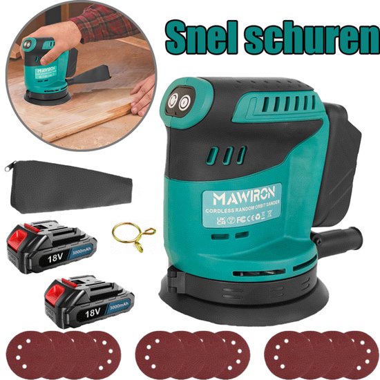 Groene en zwarte MAWIRON schuurmachine met 2 accu's, schuurpapier, etui en een hand die schuurmachine op hout gebruikt.
