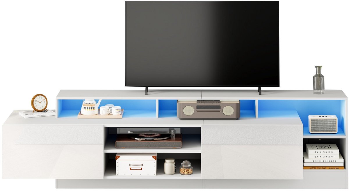 Merax Tv-Meubel 190 Cm Hoogglans Wit - Tv-Kast / Lowboard Met 2 Klepdeuren En Open Vakken - Led-Lichtstrip Met App-Bediening - 190 x 40 x 48,5 cm - Voor Tv Tot 70 Inch