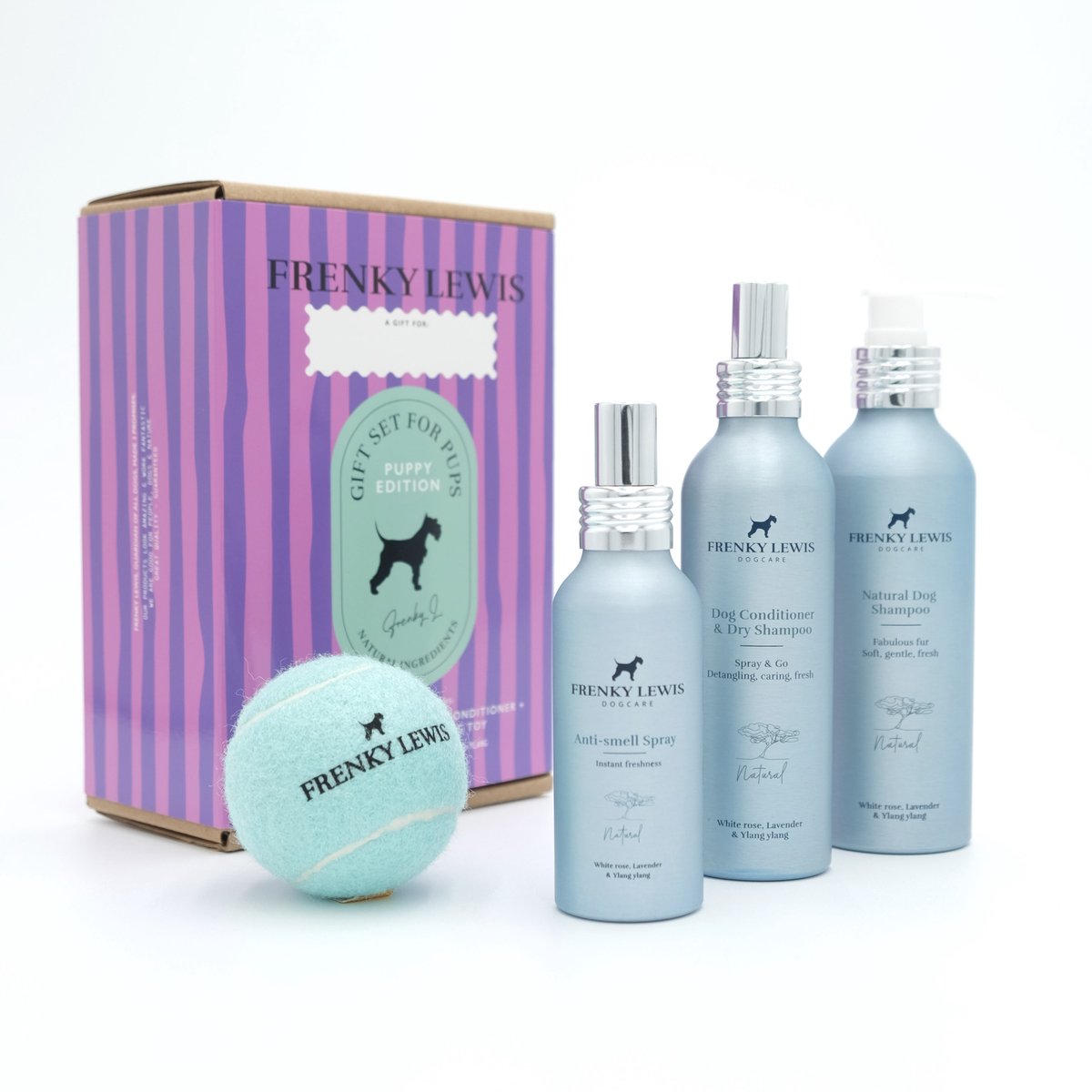 Puppy set 200ml Dog Shampoo + 150ml Dog Conditioner & Dry Shampoo + Anti Smell Spray + Dog Toy - White Rose, Lavender, Ylang Ylang