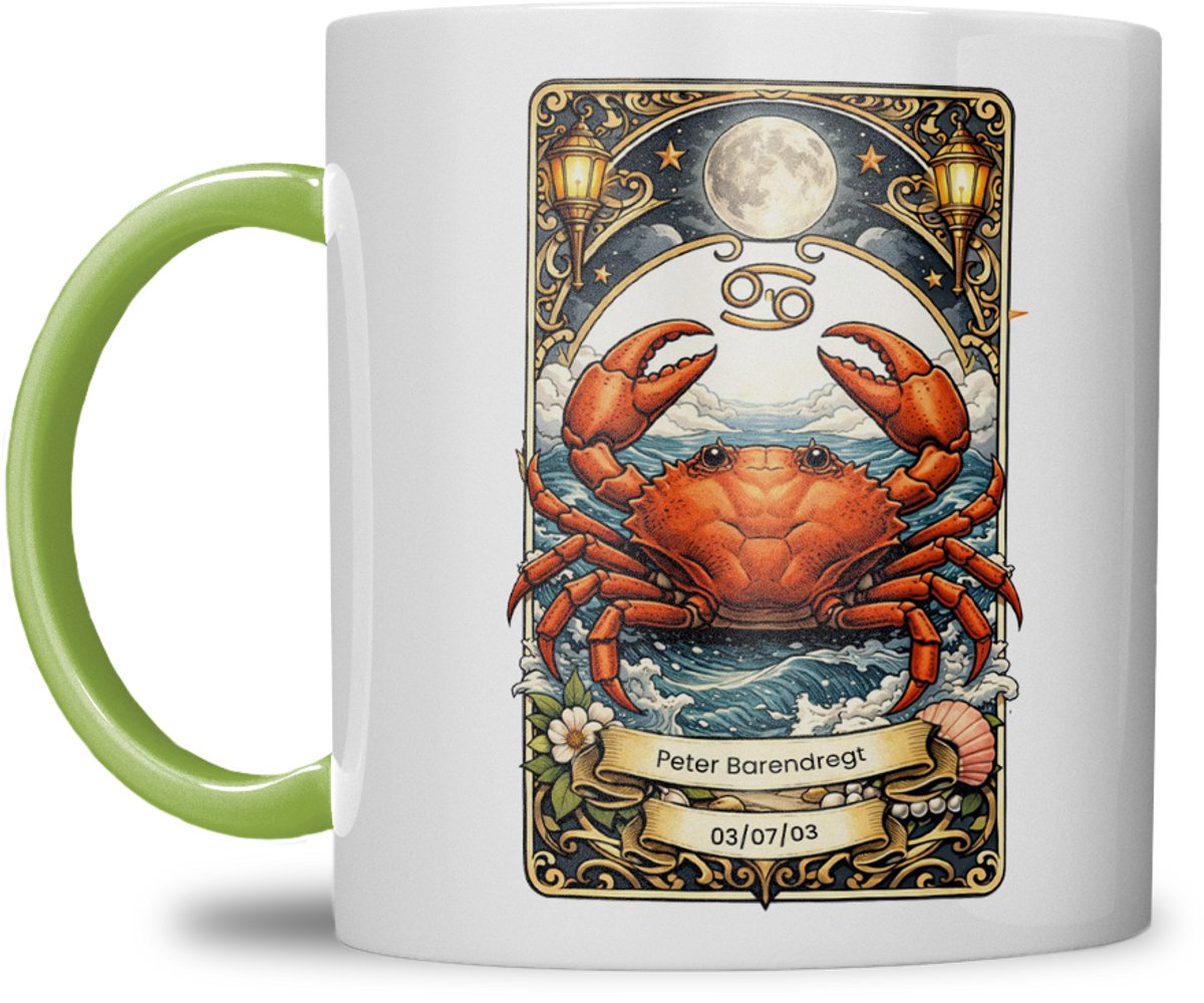 Sterrenbeeld mok - Kreeft - Licht groen - Tarot mok - Gepersonaliseerd met naam en datum