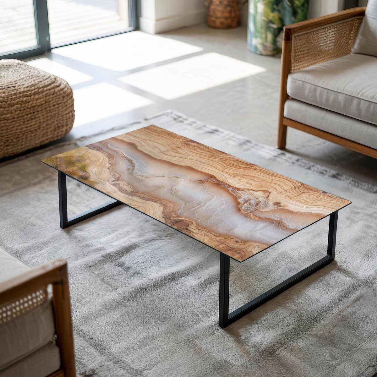 Coloray Tafelblad - Salontafel Blad - 120x60 cm - Beige - Rechthoek Glazen Tafelblad - Glazen Blad - Tafelblad Van Gehard Glas - Tuintafelblad - Tafelblad Buiten woonkamerdecoratie Beige - Natuurlijk hout- en harspatroon