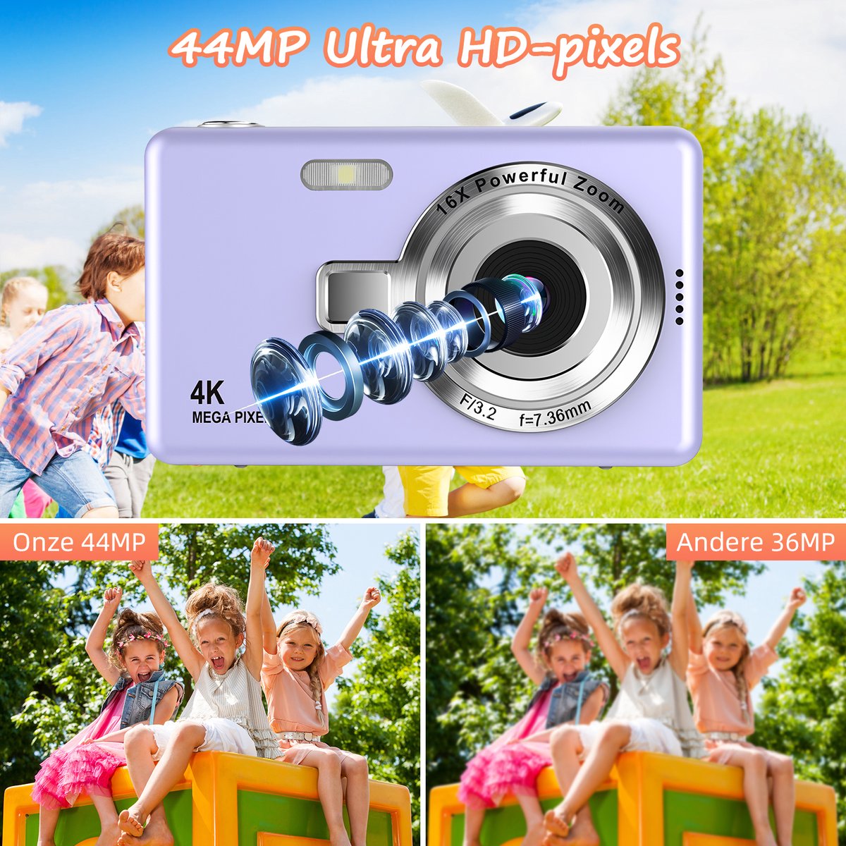 Digitale Camera 44MP - 1080P FHD Video - 2.4 Inch LCD Scherm - 16X Digitale Zoom - Compacte en Draagbare Vlogcamera - Anti Shake Functie - Inclusief 32GB SD Kaart - Paars thumbnail 3