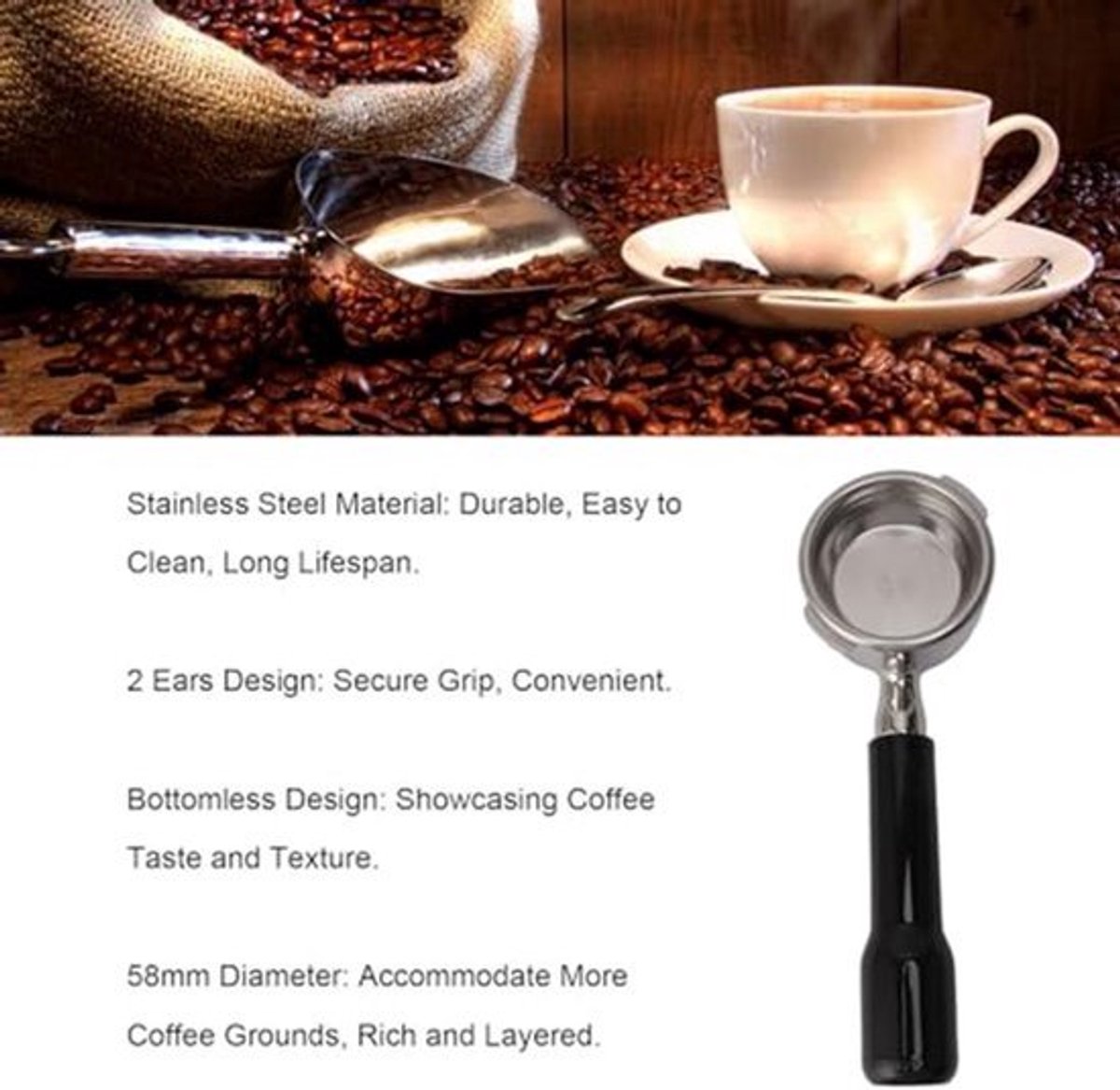 Karzo 58mm Bottomless Portafilter Front 2 Oren RVS Bottomless Naked Portafilter met Filtermandje Compatibel voor Classic Espresso Deluxe Evolution Espresso