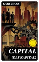 Boek 'Capital (Das Kapital)' met een illustratie van Karl Marx. Een stad met fabrieken, tandwielen en drie heren in pak.