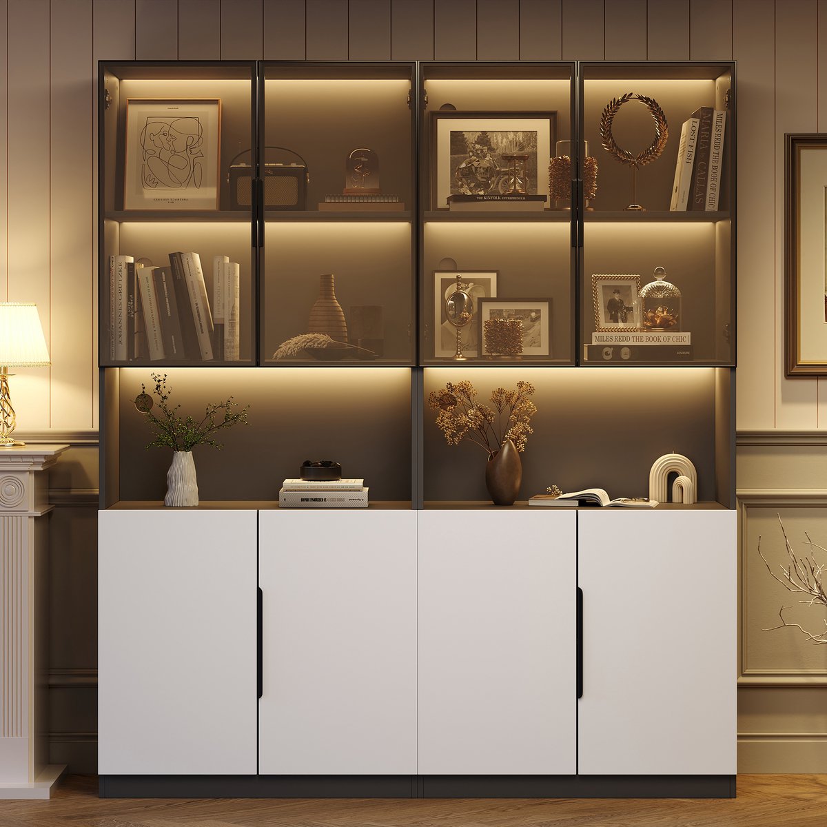 Vitrinekast - 30x160x200 cm - Glazen Deuren en LED - Instelbare Helderheid - MDF - Wit en Zwart