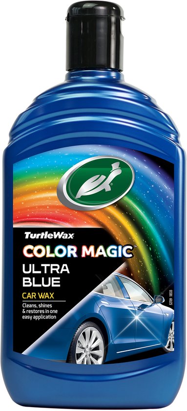 Fles Turtle Wax Color Magic Ultra Blue Car Wax met een regenboog van kleuren en een blauwe sportwagen.
