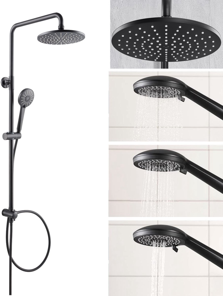 CECIPA Max Regendouche - Zwart Douchesysteem - Roestvrijstalen Doucheset - Ø 22 cm - Handdouche met 3 Functions - Wandmontage - Zonder kraan - Zwart