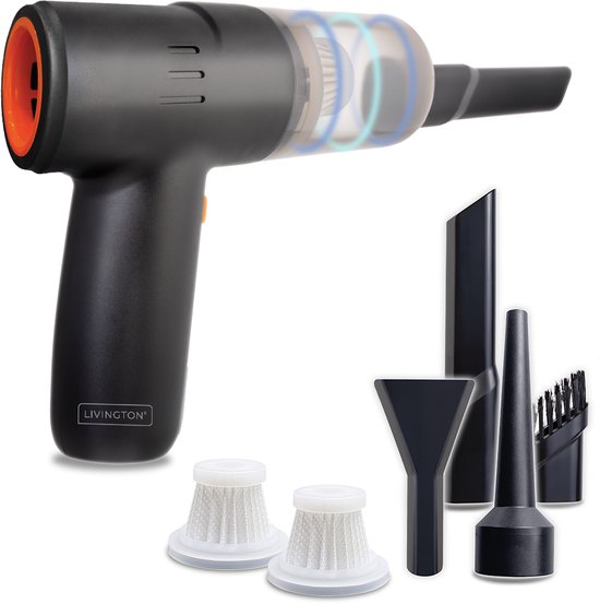 Livington PocketVac 2‑in‑1 Draadloze Handstofzuiger & Blaasfunctie – Compact Auto/Thuis – Wasbaar HEPA‑filter, USB‑C Opladen, Accessoires Inclusief - 2 stukd