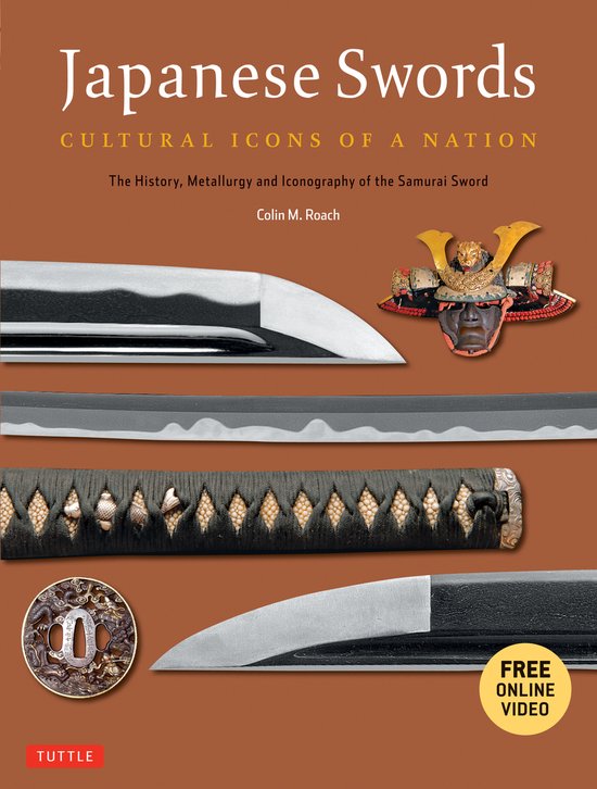 Couverture de livre 'Japanese Swords' montrant des parties d'épées, un casque et le titre.