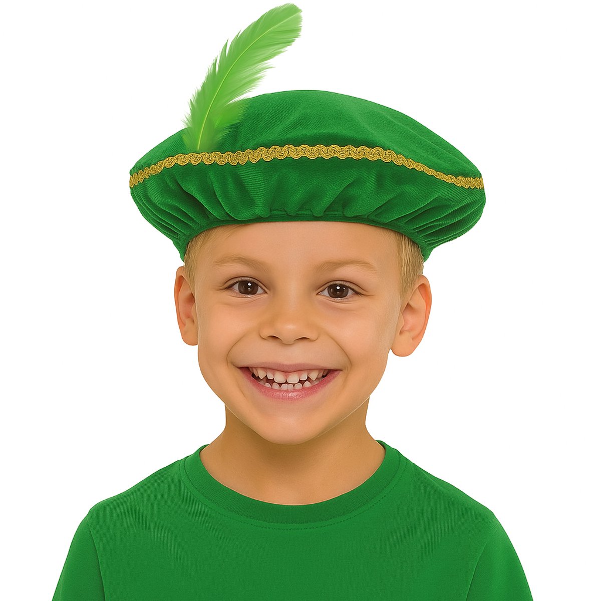 Pietenmuts Kind – Groen met Veer – Fluweellook Pieten Baret met Gouden Rand – Sinterklaas Verkleedaccessoire