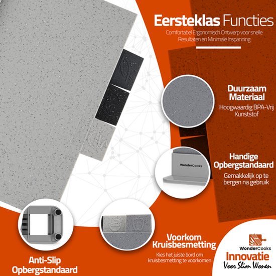 WonderCooks Index Planche à Découper - Avec Support - 4 Pièces - 30x22,5 cm
