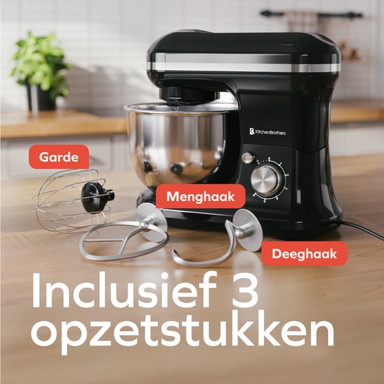 Zwarte KitchenBrothers keukenmachine met RVS mengkom, garde, menghaak en deeghaak. 'Inclusief 3 opzetstukken'.