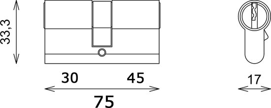 Technische tekening van een cilinderslot met afmetingen 30/45 en 33,3.