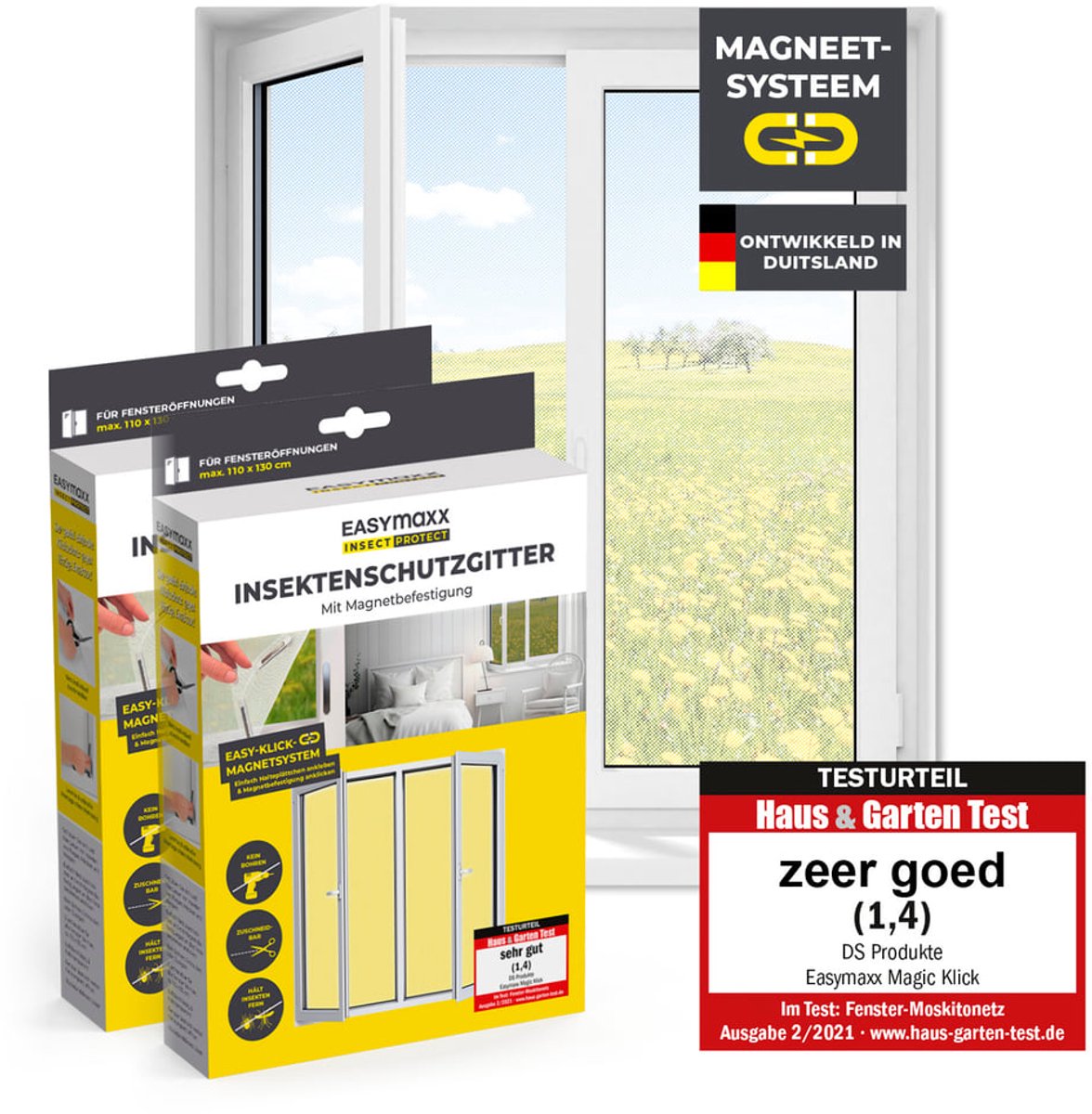 EASYmaxx Insect Protect Vliegengordijn voor ramen – Magnetisch muggennet op maat snijdbaar – Eenvoudig te monteren insectenbescherming tot 110 x 130 cm, wit, 2 stuks