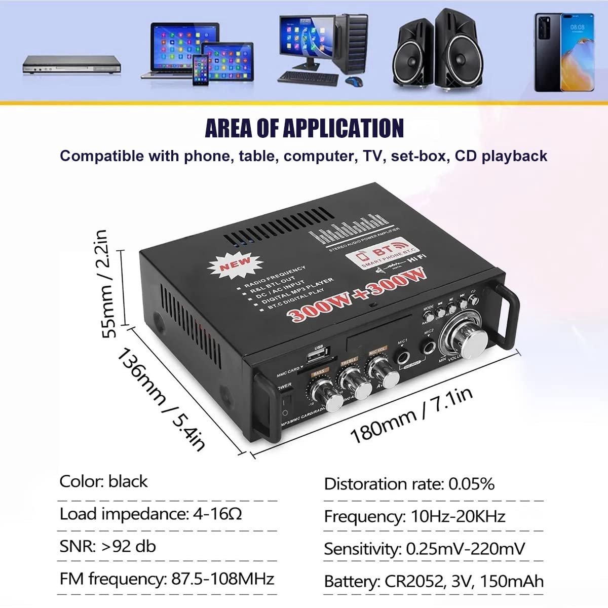 Mini-versterker - HiFi-versterker - Bluetooth 5.0-stereo - 12V/240V - 600W - Dual Channel - LCD-scherm - Draagbare FM-radio met Hoge Resolutie - SD/USB-kaartingang - voor Gebruik Thuis of in de Auto – foto 5