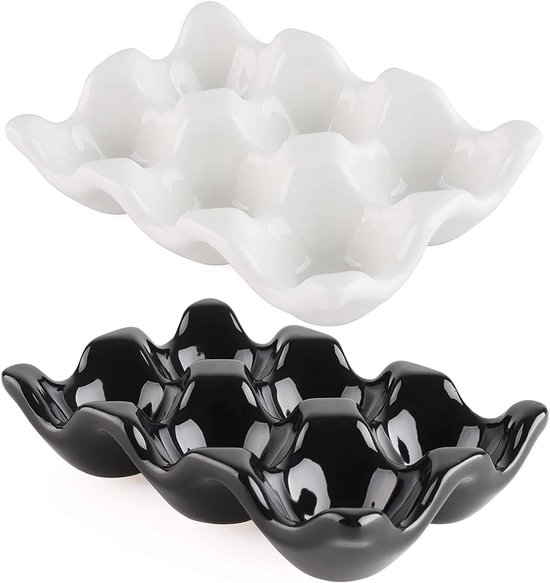 2 boîtes à œufs à 6 compartiments, boîte à œufs en céramique, antidérapante, koelkast, antichoc, rangement des œufs, boîte à œufs en porcelaine (noir et blanc), pour la maison et le restaurant