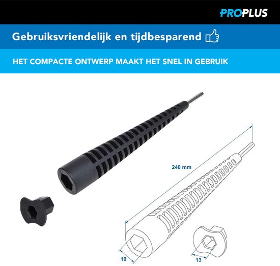 Technische tekening van een zwarte verlengadapter van 240mm met 19mm en 13mm adapters.