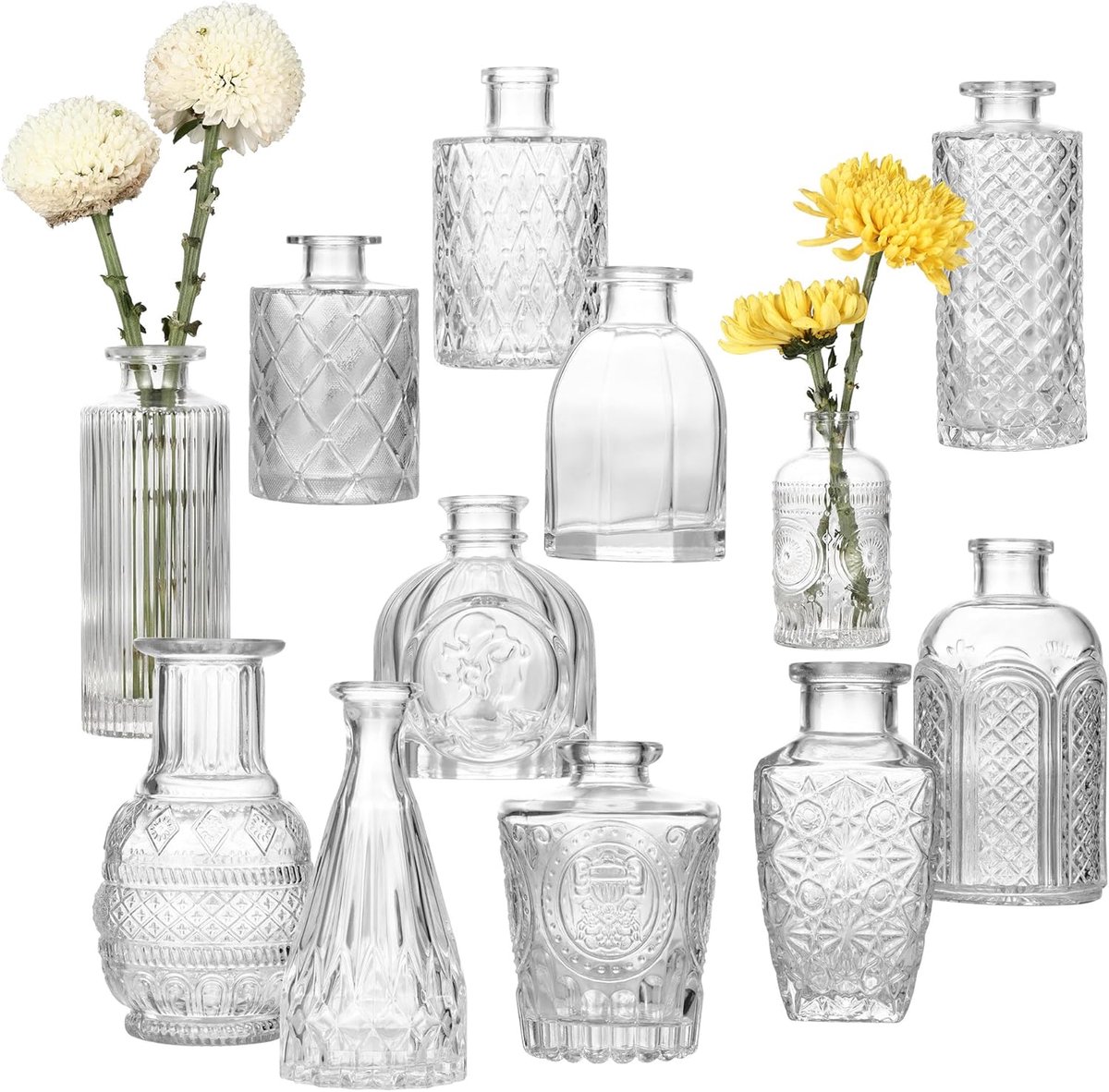 Famanu – Set van 12 kleine vazen, vintage, kleine glazen vazen voor tafeldecoratie, bruiloftsdecoratie, woonkamerdecoratie van hoogwaardig materiaal met elegante vorm, vintage, modern accent voor woonkamer of eettafel