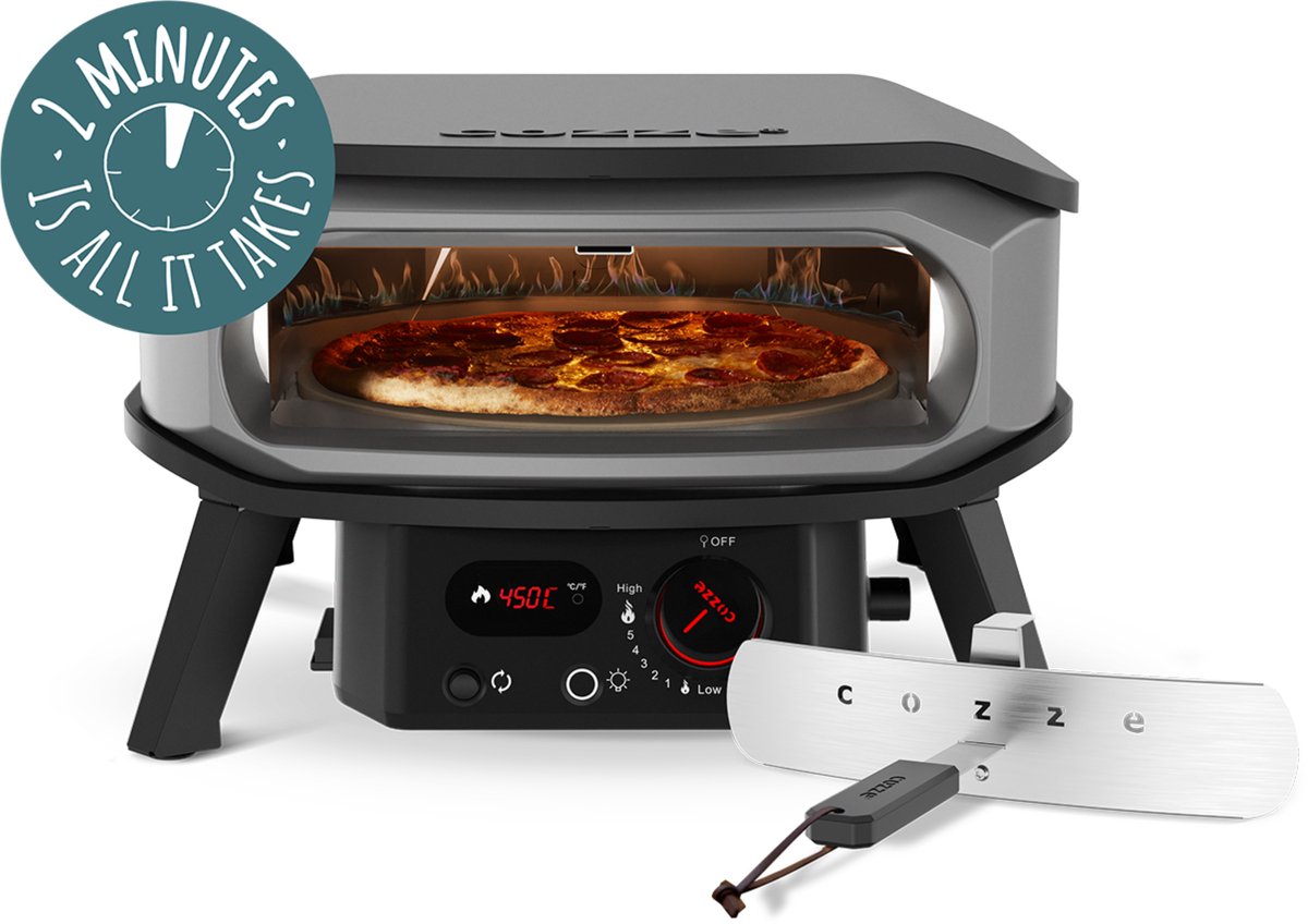 Cozze® 13" Premium Rotate pizzaoven gas 30 mbar – 6,0 kW roestvrijstalen U-brander, automatische ontsteking, LED-bediening en thermometer – met pizzasteen Ø 34,5 cm – snelle pizza’s in 2 minuten – duurzaam buiten koken
