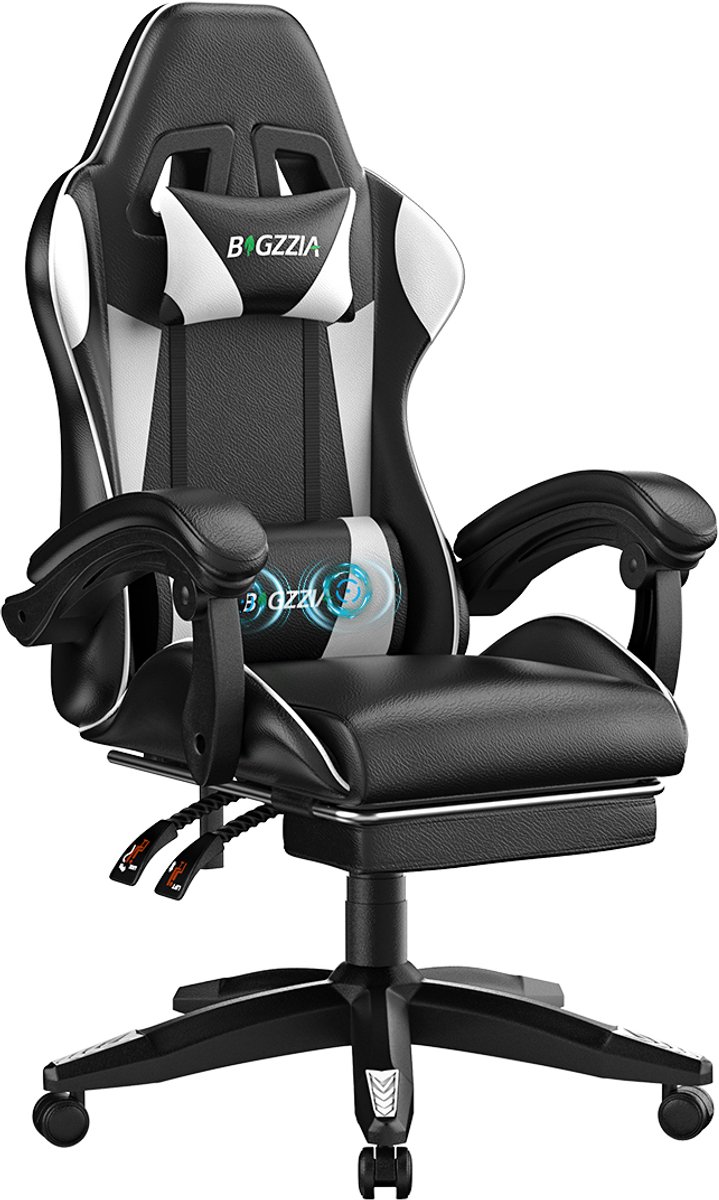 BIGZZIA Gamingstoel - Ergonomische gamestoel - Lendenkussen met massagefunctie - Hoofdsteun en voetsteun - 90°-135° verstelbaar - In hoogte verstelbaar - Draagvermogen 136 kg - zwart en Wit​