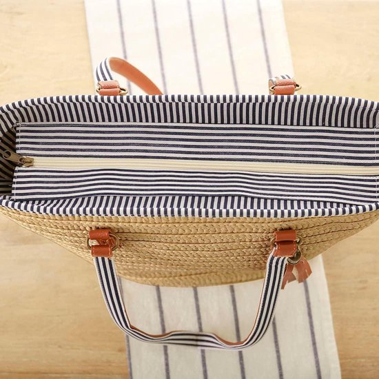 Hsthe Sea Dames Handgeweven Rieten Schoudertas Grote Zomer Strand Leren Handvatten Handtas Tote met Rits, beige, Large