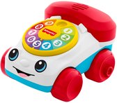Wit telefoon-auto speelgoed met rode wielen, een rood oortje en een regenboogkleurige draaischijf met cijfers.